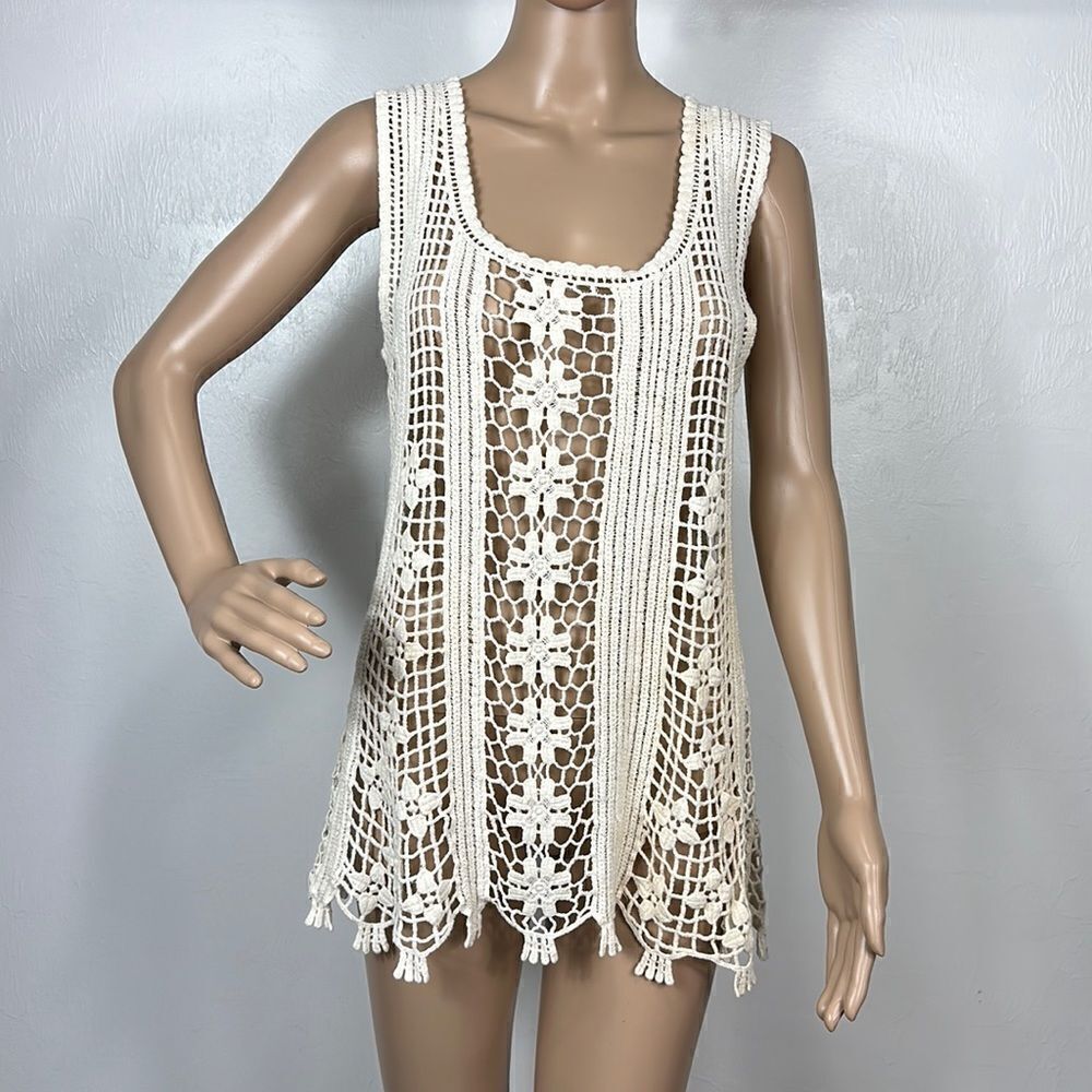 Ryu Ivory Crochet Lace Sleeveless Scoop Neck Tunic Top Size S